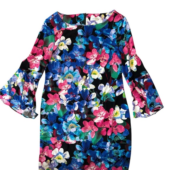 Calvin Klein Womens Dress Size 8 Floral Print 3/4 Bell Sleeves - Picture 2 of 7